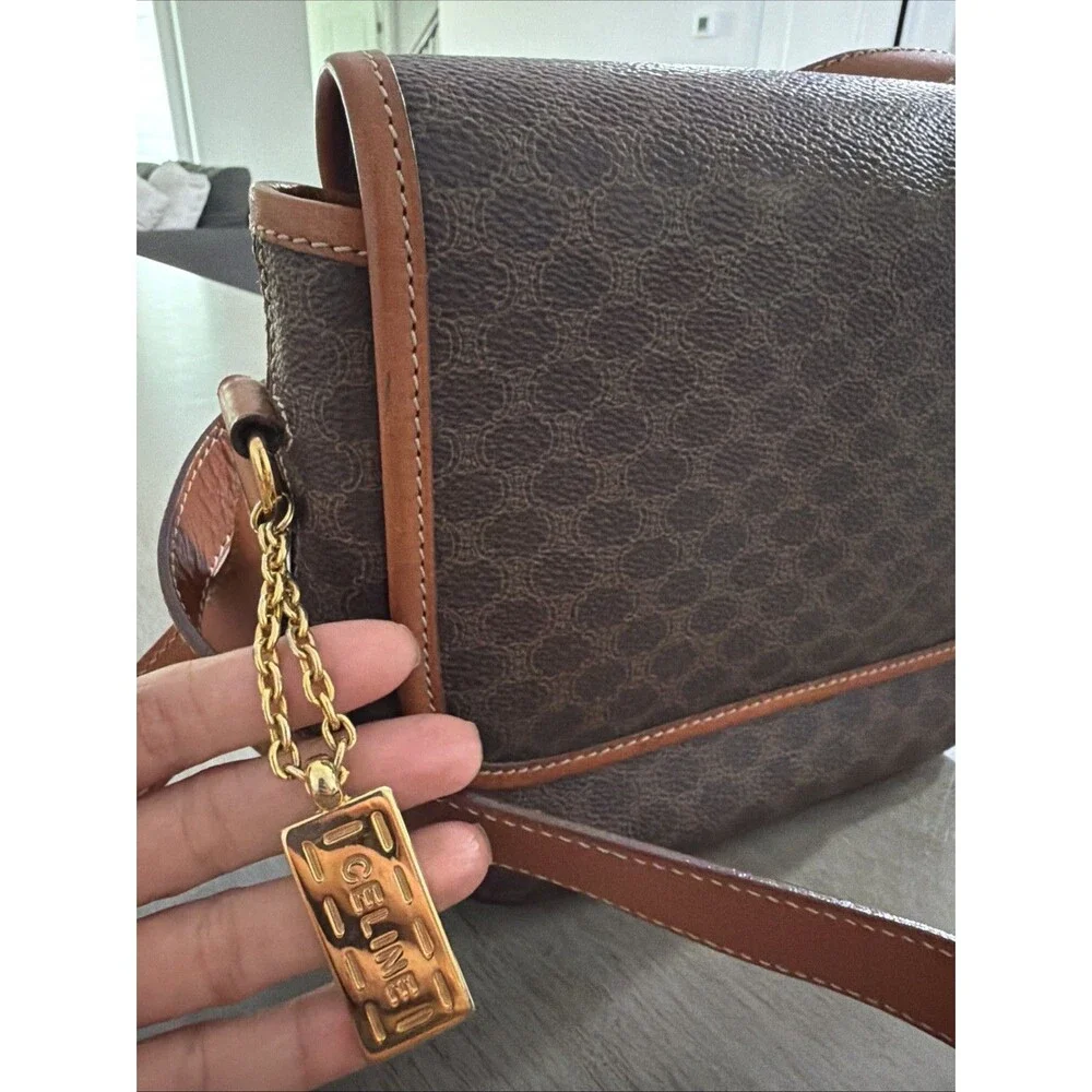 CELINE Macadam Canvas Shoulder Bag PVC Leather Brown Gold Authentic